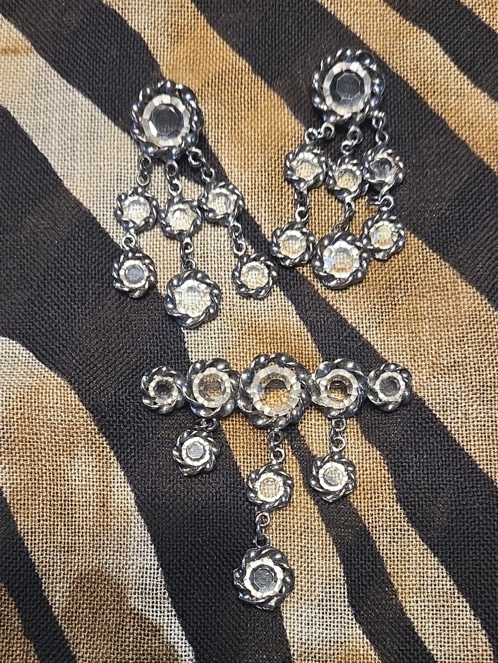 Silver Crystal Floral Drop Earrings and Brooch Set - Women Jewelry